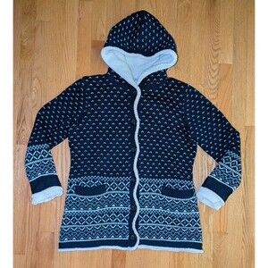 LL Bean Womens Sweater Size L Petite Blue Sherpa Trim Hooded Geometric Norwegian